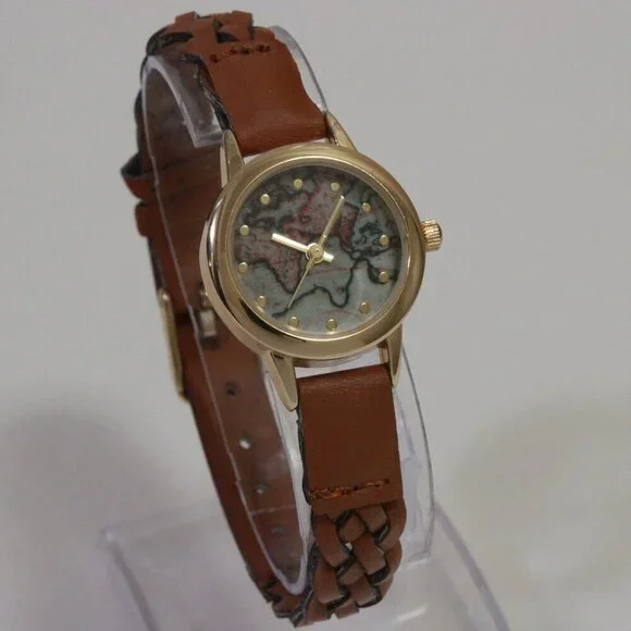 Accutime Ladies Casual Quartz Watch Map Dial Gold Tune Braided Strap 24mm - Picture 2 of 13